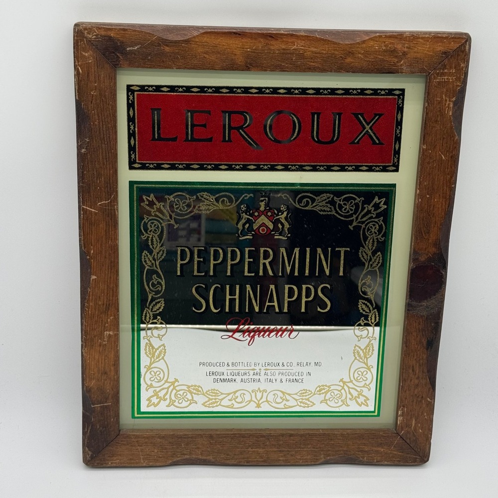 Leroux Peppermint Schnapps Bar Mirror Sign Brown Frame 13.25 x 16 Home Pub Decor